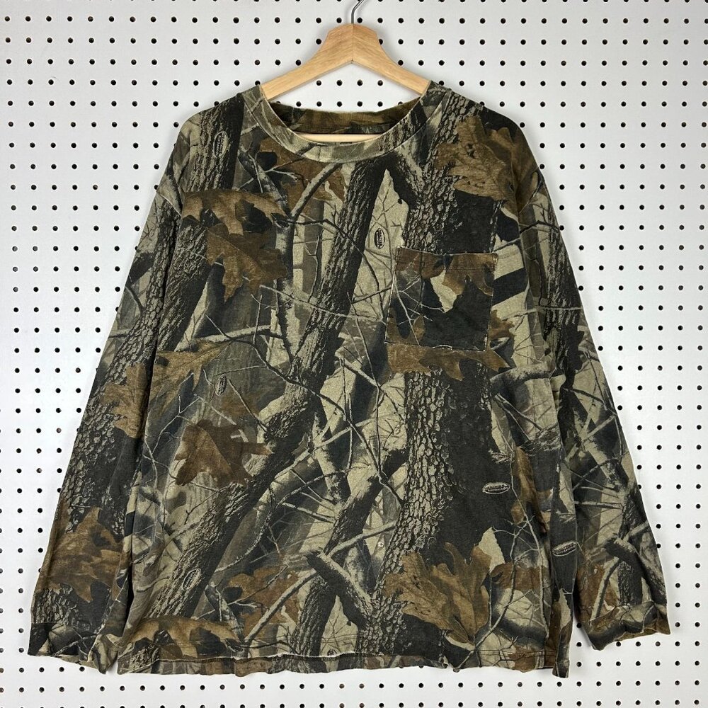 Vintage Realtree Hardwoods Camo Long Sleeve T Shirt XL Pocket Hunting Distressed